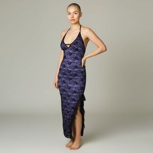 Purple Black Lace Bodycon Dress Sz M Maxi Backless Ruffle Stretch Retro Y2K